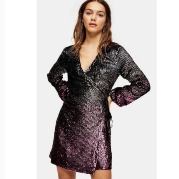 NEW Topshop ombré sequin wrap dress long sleeve - Picture 3 of 10